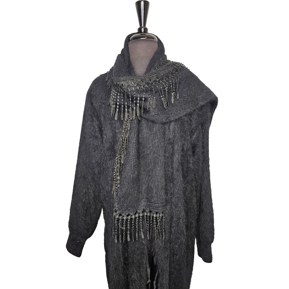 Vtg VENESHA Black Angora Sweater Coat Attached Scarf Lined Mob Wife Glam Retro